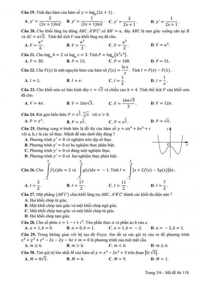 Đáp án đề thi môn Toán 118 THPT Quốc Gia năm 2017 trang 3