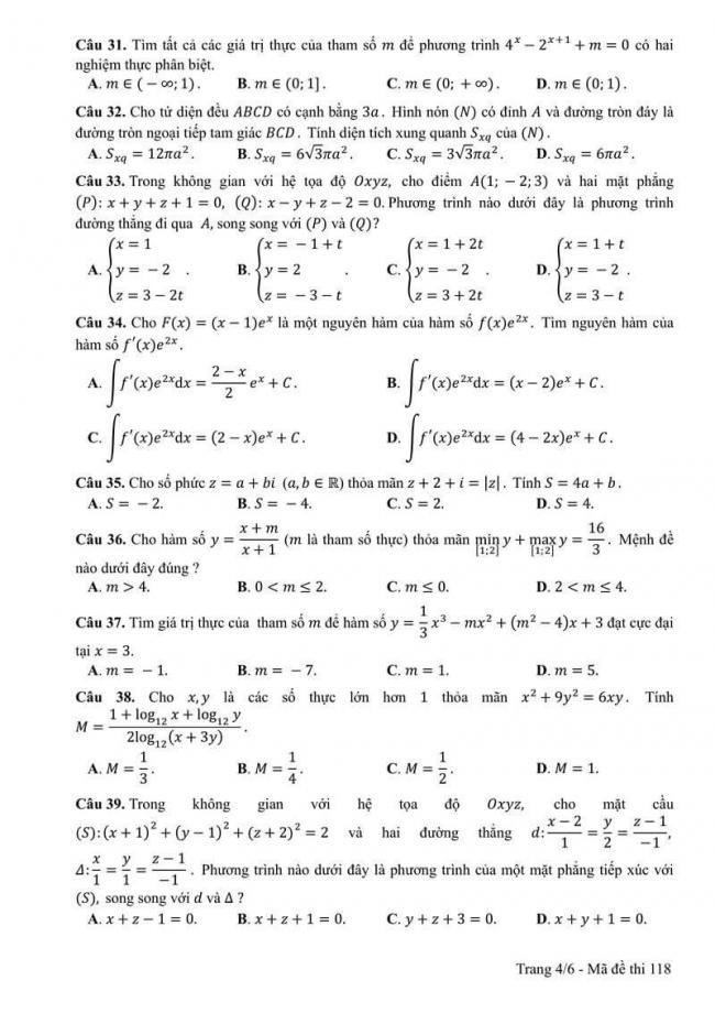 Đáp án đề thi môn Toán 118 THPT Quốc Gia năm 2017 trang 4