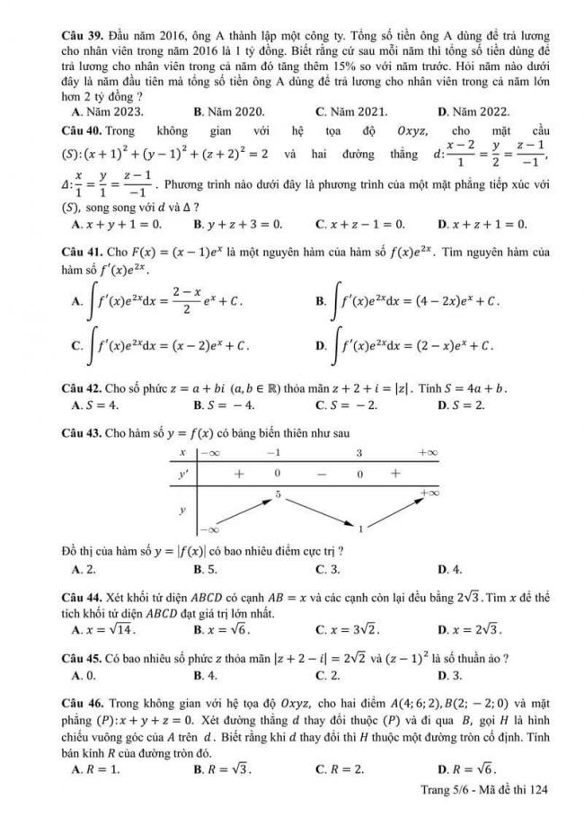 Đáp án đề thi môn Toán 124 THPT Quốc Gia năm 2017 trang 5