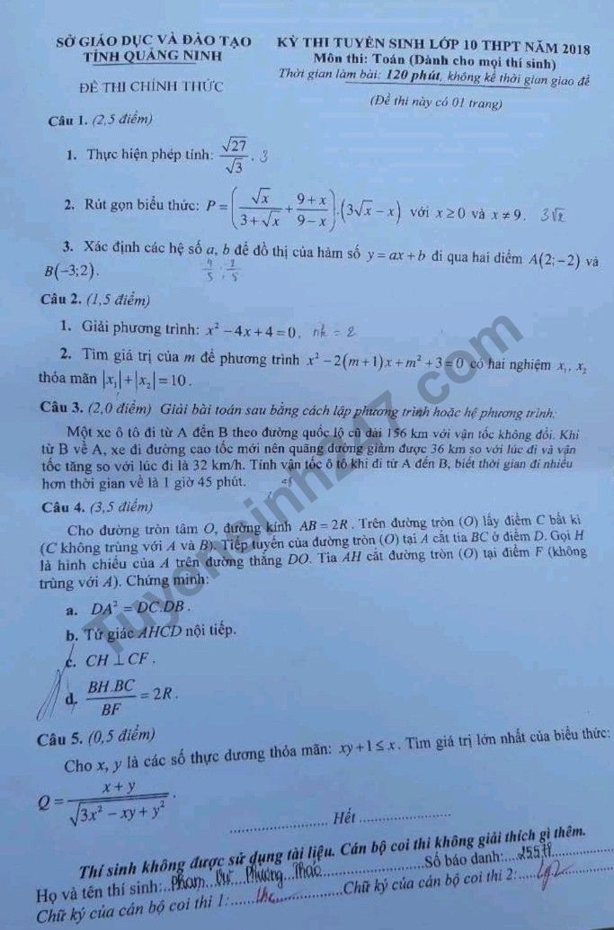 đề thi toán vào 10 Quảng Ninh 2018