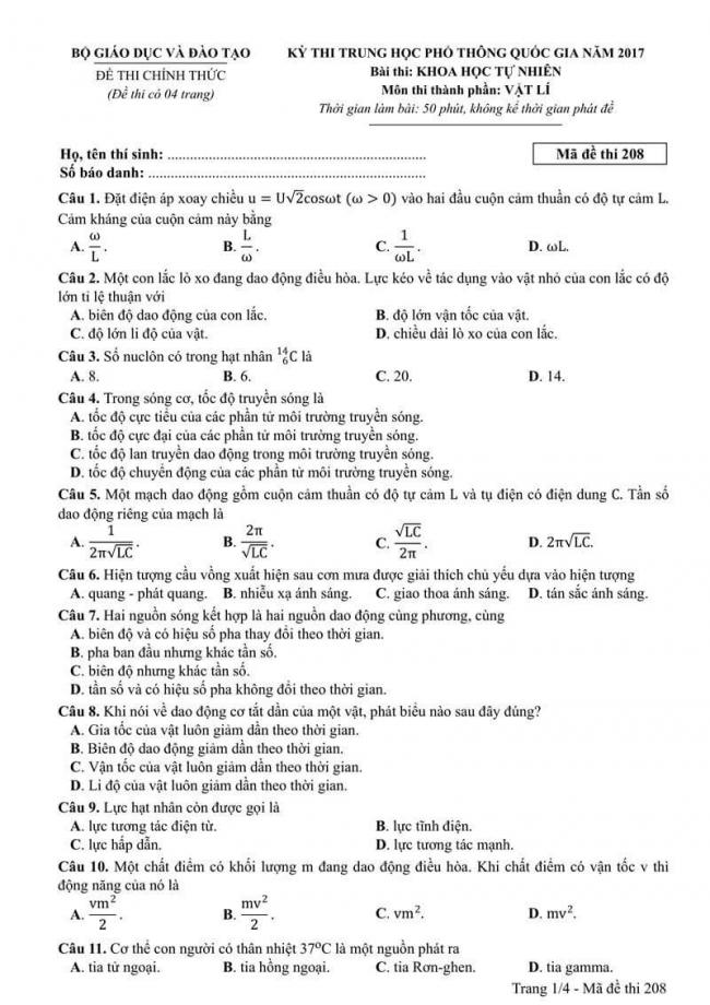 Đáp án đề thi môn Vật lí 208 THPT Quốc Gia năm 2017 trang 1