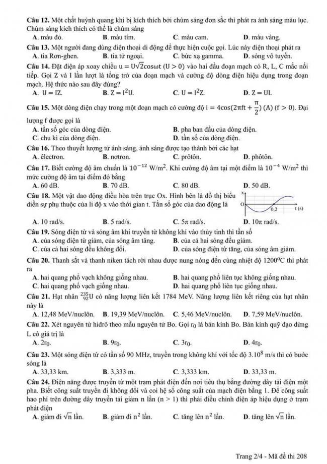 Đáp án đề thi môn Vật lí 208 THPT Quốc Gia năm 2017 trang 2