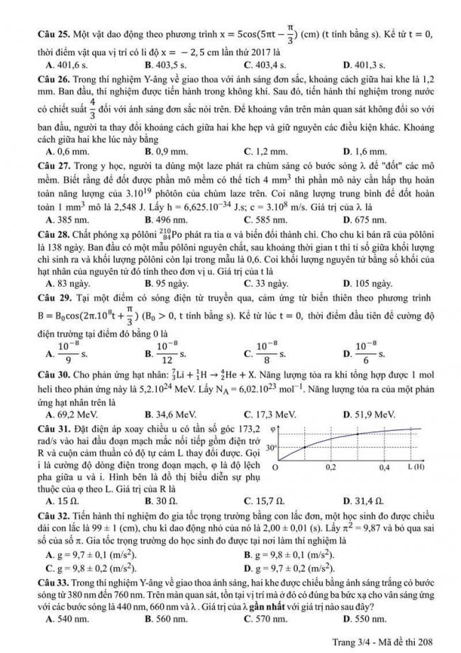 Đáp án đề thi môn Vật lí 208 THPT Quốc Gia năm 2017 trang 3