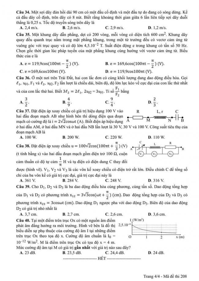 Đáp án đề thi môn Vật lí 208 THPT Quốc Gia năm 2017 trang 4
