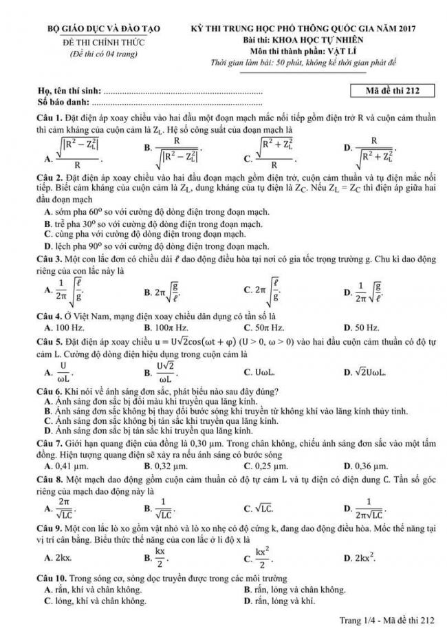 Đáp án đề thi môn Vật lí THPT Quốc gia năm 2017 mã đề 212 trang 1