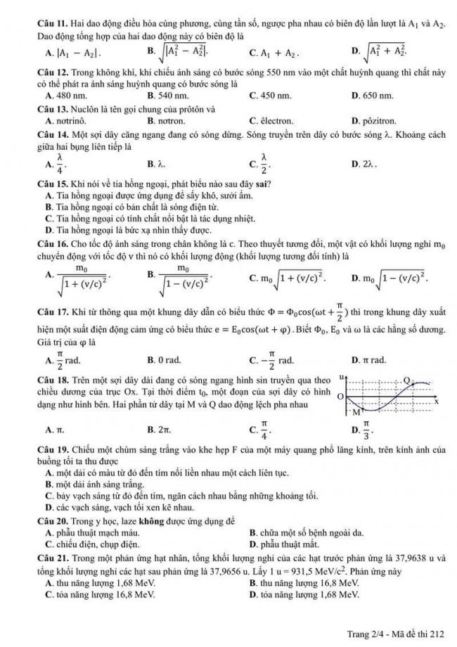 Đáp án đề thi môn Vật lí THPT Quốc gia năm 2017 mã đề 212 trang 2