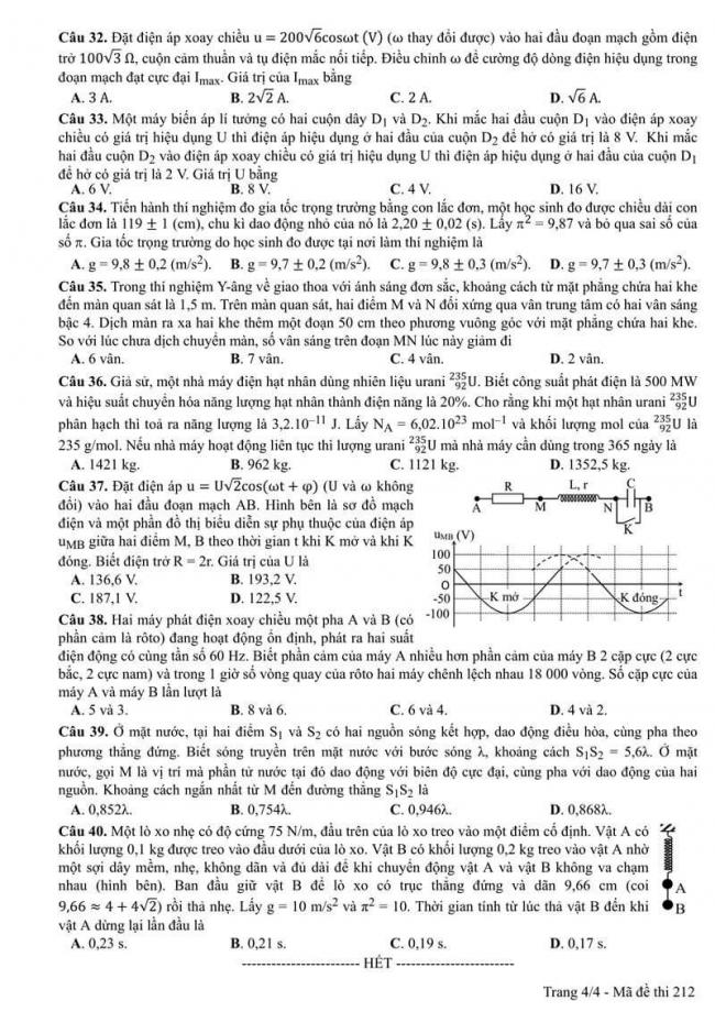 Đáp án đề thi môn Vật lí THPT Quốc gia năm 2017 mã đề 212 trang 4
