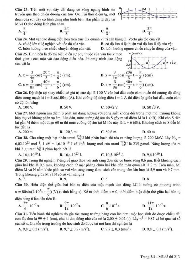 Đáp án đề thi môn Vật lí 213 THPT Quốc Gia năm 2017 trang 3