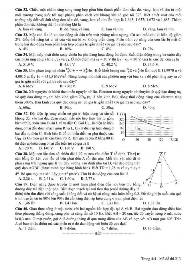 Đáp án đề thi môn Vật lí 213 THPT Quốc Gia năm 2017 trang 4