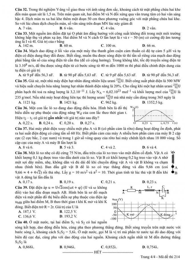 Đáp án đề thi môn Vật lí 214 THPT Quốc Gia năm 2017 trang 4