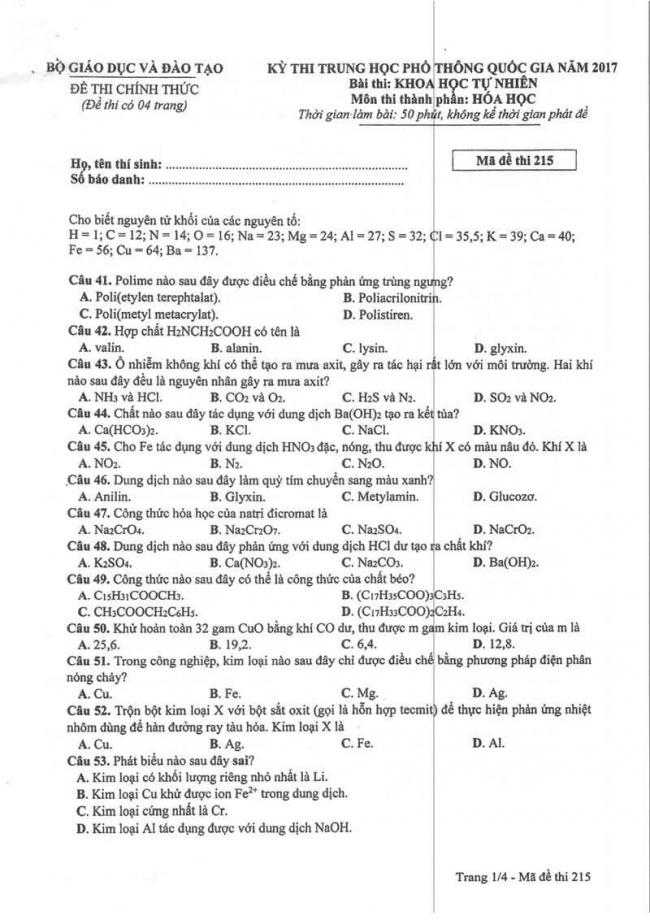 Đáp án đề thi môn Hóa 215 THPT Quốc Gia năm 2017 trang 1