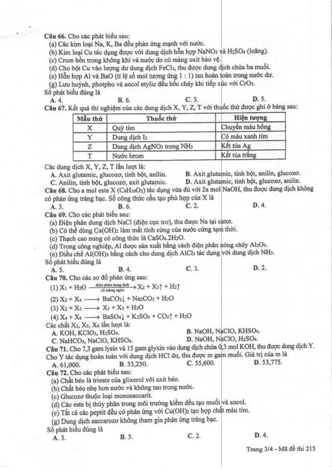 Đáp án đề thi môn Hóa 215 THPT Quốc Gia năm 2017 trang 3