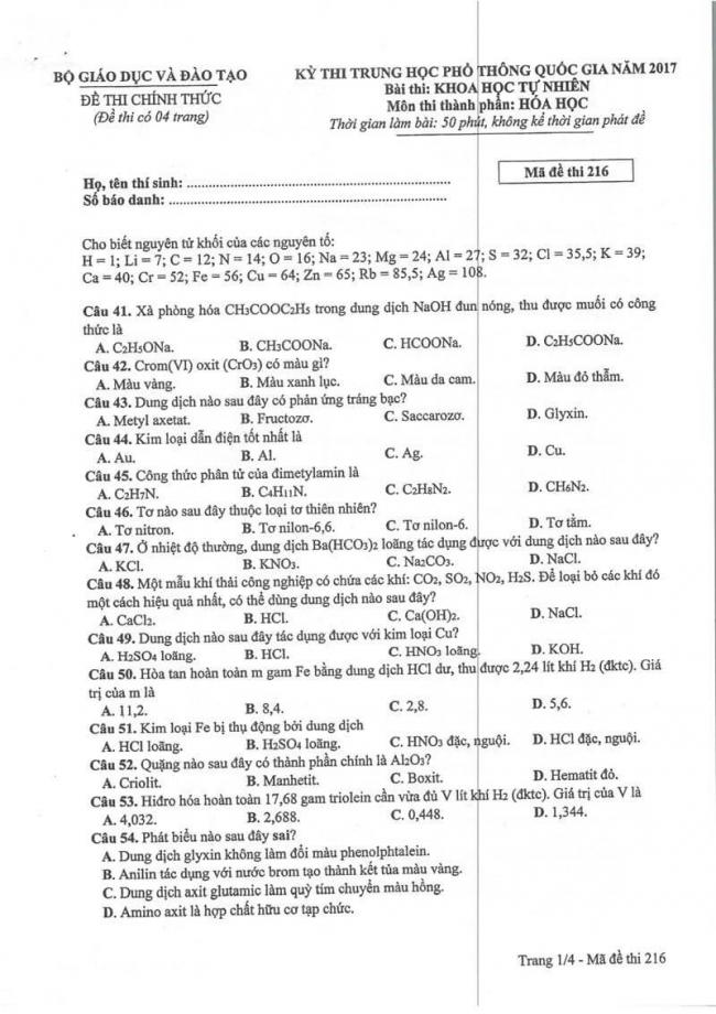 Đáp án đề thi môn Hóa 216 THPT Quốc Gia năm 2017 trang 1