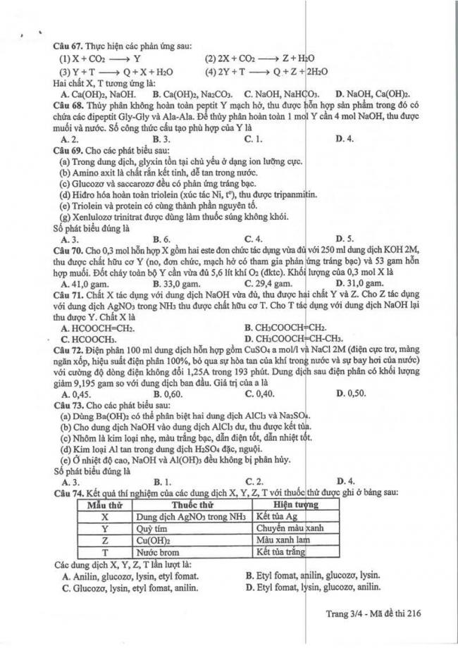 Đáp án đề thi môn Hóa 216 THPT Quốc Gia năm 2017 trang 3