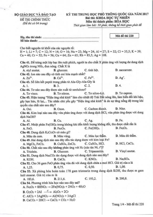 Đáp án đề thi môn Hóa mã đề 220 THPT Quốc Gia năm 2017 trang 1