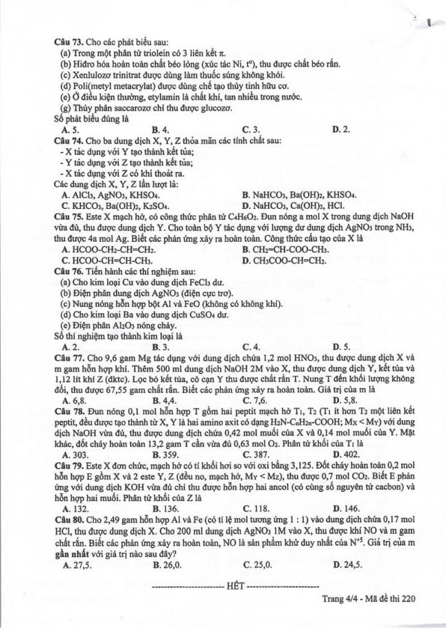 Đáp án đề thi môn Hóa mã đề 220 THPT Quốc Gia năm 2017 trang 4