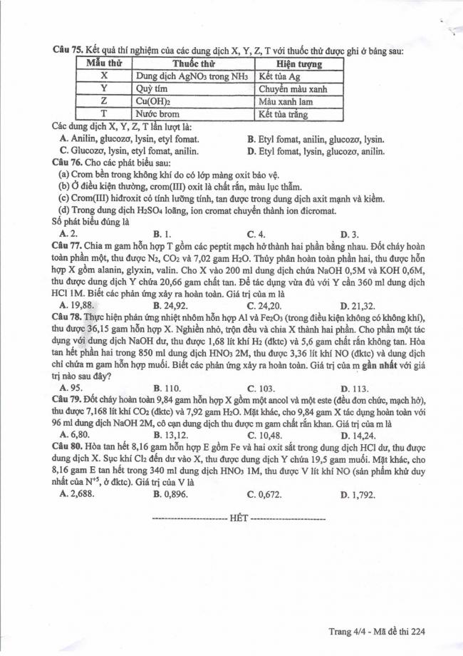 Đáp án đề thi môn Hóa 224 THPT Quốc Gia năm 2017 trang 4