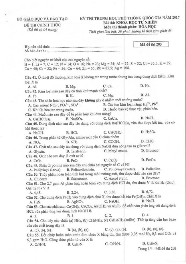 Đáp án đề thi môn Hoá 203 THPT Quốc Gia năm 2017 trang 1