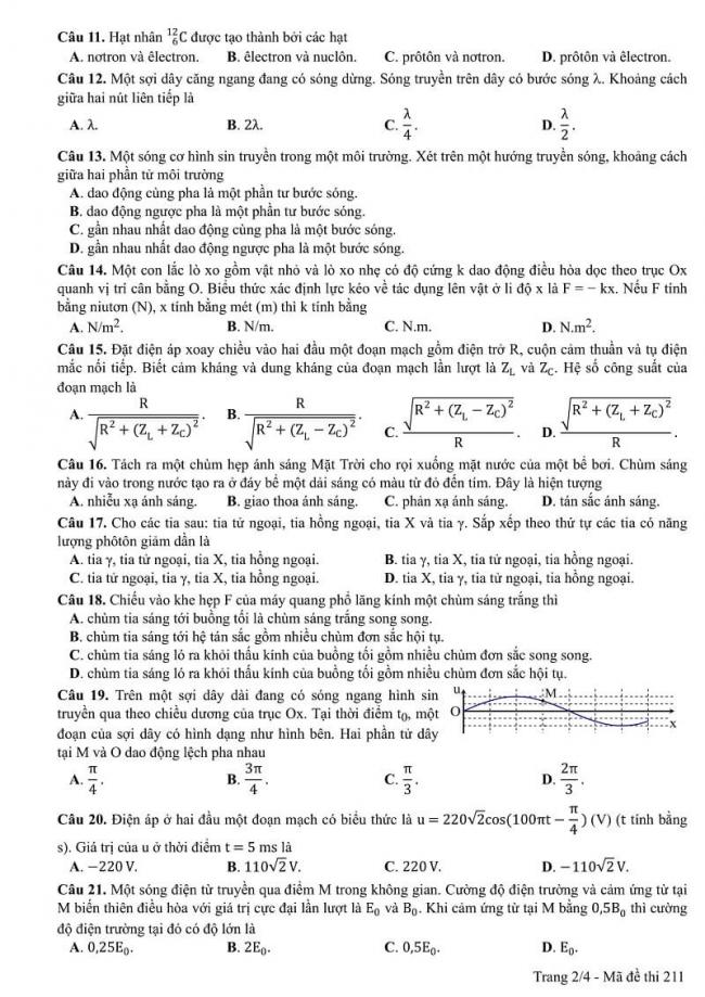 Đáp án mã đề 211 môn Vật Lí kỳ thi THPT quốc gia 2017 trang 2
