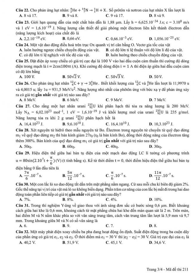 Đáp án mã đề 211 môn Vật Lí kỳ thi THPT quốc gia 2017 trang 3