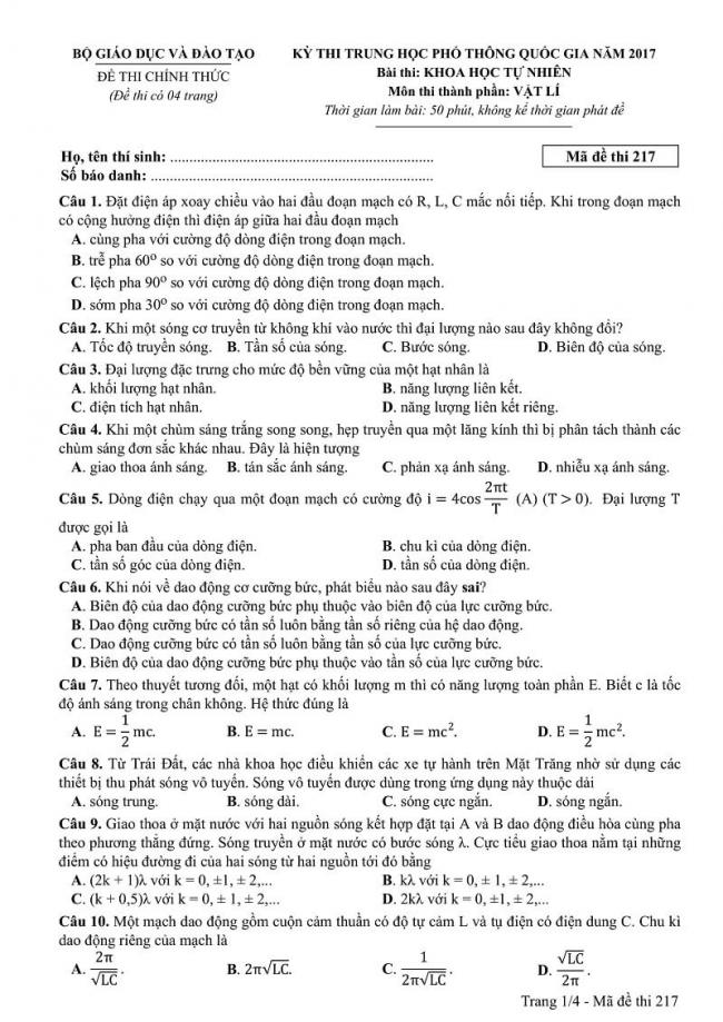 Đáp án kỳ thi THPT quốc gia 2017 môn Vật Lí mã đề 217 trang 1