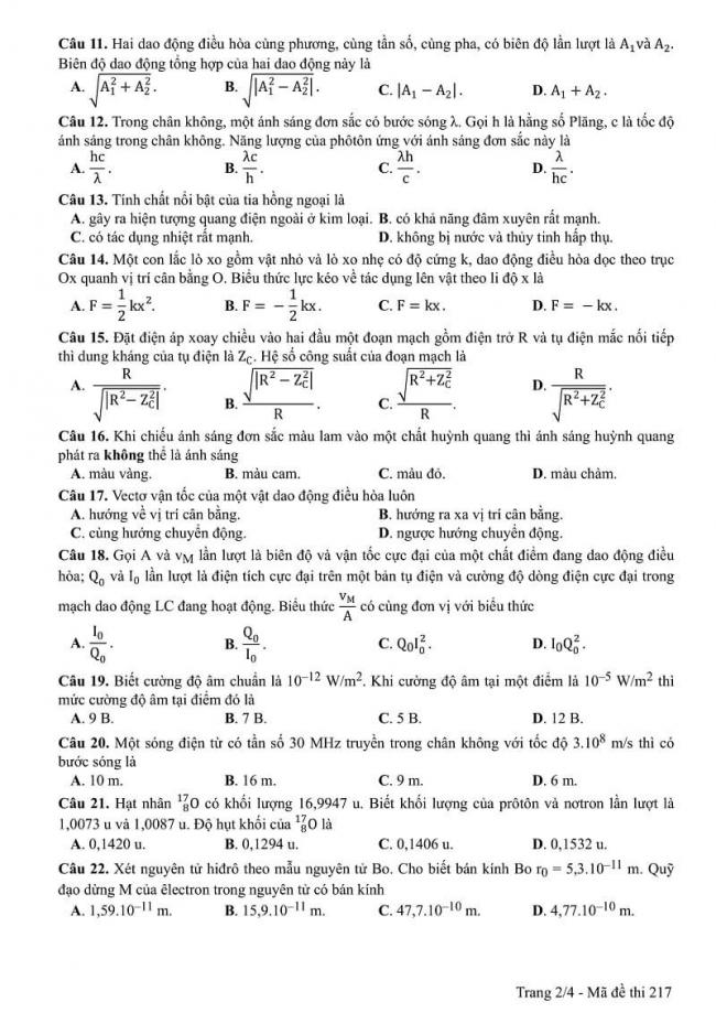 Đáp án kỳ thi THPT quốc gia 2017 môn Vật Lí mã đề 217 trang 2
