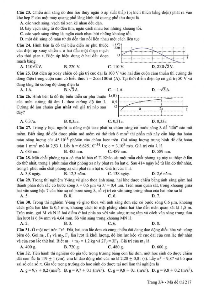 Đáp án kỳ thi THPT quốc gia 2017 môn Vật Lí mã đề 217 trang 3