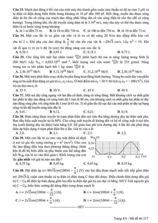 Đáp án kỳ thi THPT quốc gia 2017 môn Vật Lí mã đề 217 trang 4