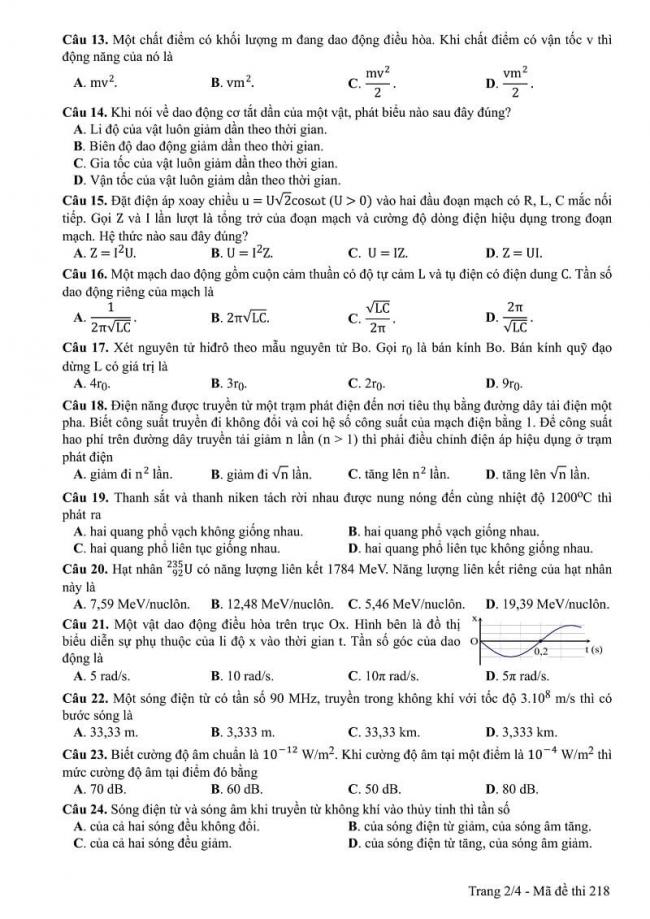 Đáp án môn Vật lí mã đề 218 THPT quốc gia 2017 trang 2