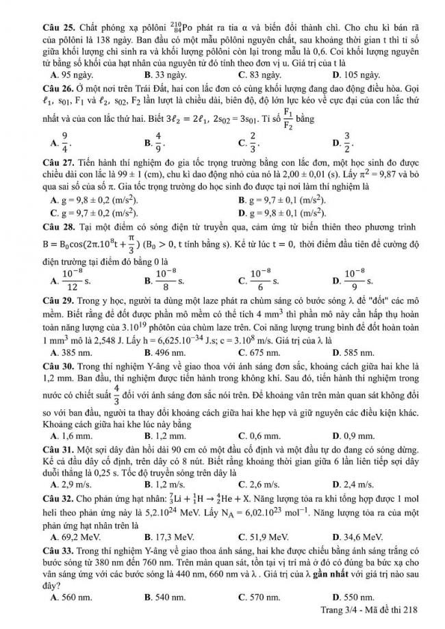 Đáp án môn Vật lí mã đề 218 THPT quốc gia 2017 trang 3