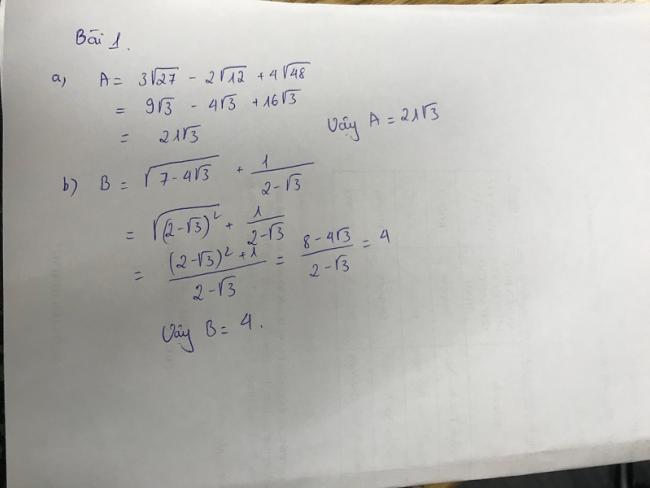 đáp án bài 1 đề thi toán Vĩnh Long vào lớp 10 năm 2018
