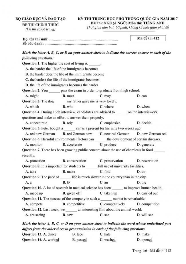 Đáp án đề thi môn Anh 412 THPT Quốc Gia năm 2017 trang 1