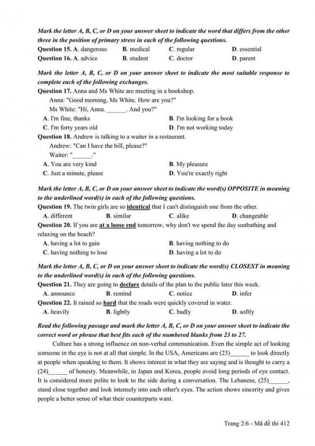 Đáp án đề thi môn Anh 412 THPT Quốc Gia năm 2017 trang 2