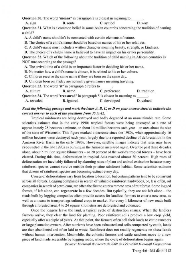 Đáp án đề thi môn Anh 412 THPT Quốc Gia năm 2017 trang 4