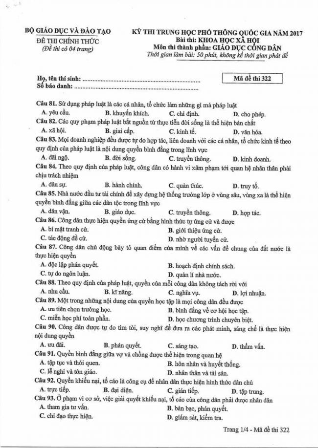 Đáp án đề thi môn GDCD THPT Quốc gia năm 2017 mã đề 322 trang 1