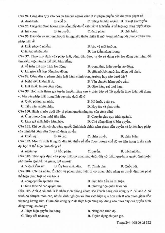 Đáp án đề thi môn GDCD THPT Quốc gia năm 2017 mã đề 322 trang 2