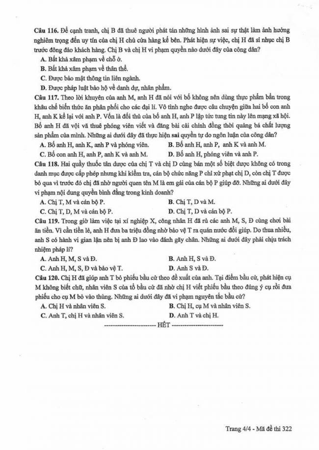 Đáp án đề thi môn GDCD THPT Quốc gia năm 2017 mã đề 322 trang 4