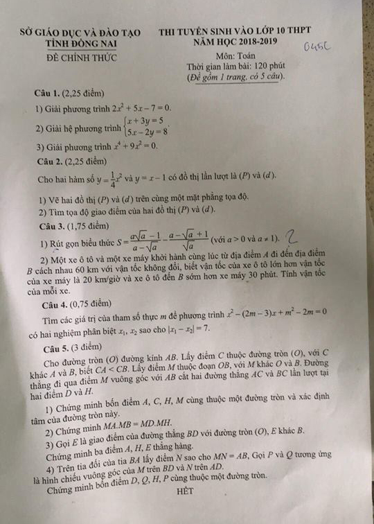 đáp án đề thi toán vào lớp 10 Đồng Nai 2018