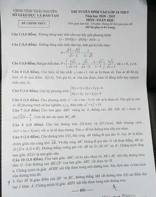 đề thi toán vào 10 năm 2018 tỉnh Thái Nguyên