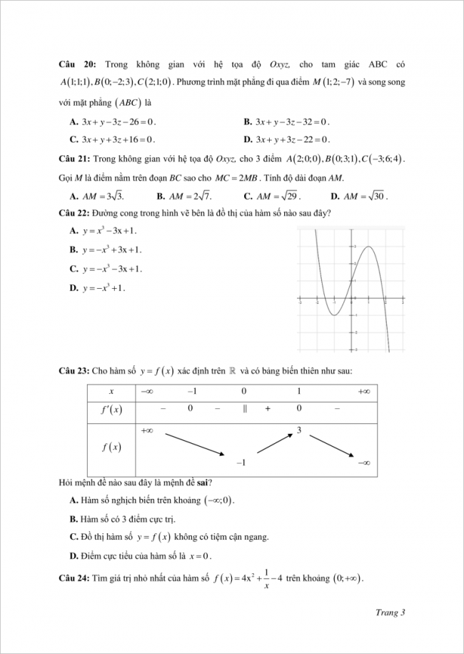câu 20 đến 24 đề thi thử Toán tỉnh Nam Định 2018