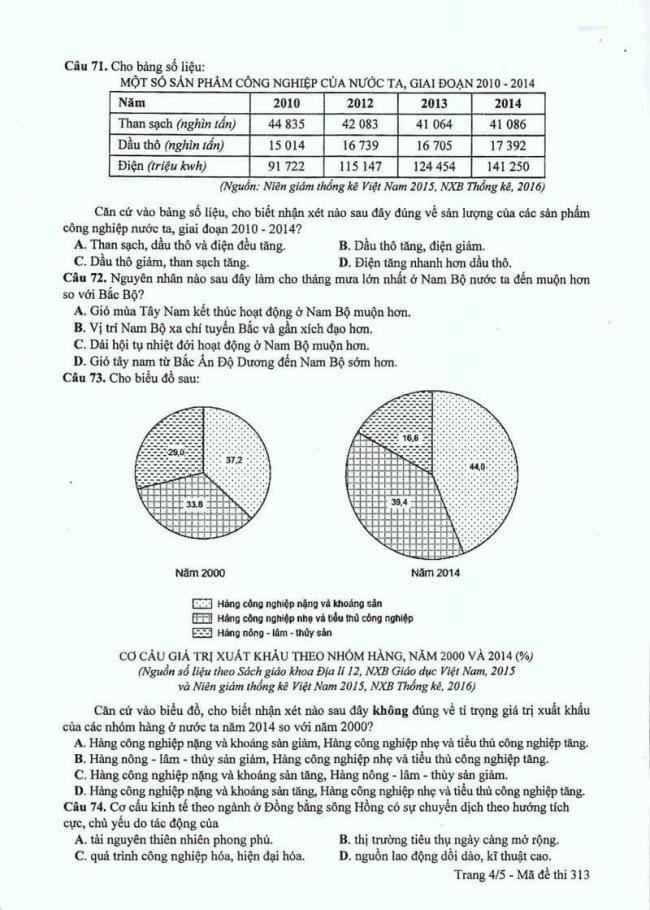 Đáp án đề thi môn Địa 313 THPT Quốc Gia năm 2017 trang 4