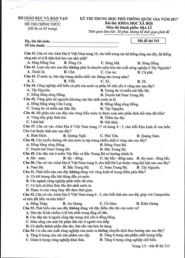 Đáp án đề thi môn Địa 315 THPT Quốc Gia năm 2017 trang 1