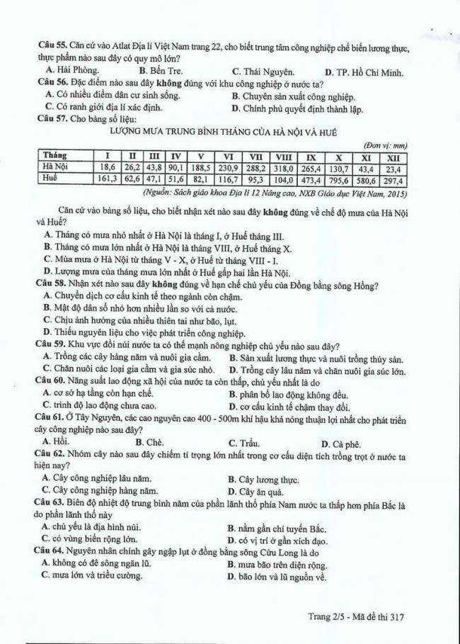 Đáp án đề thi môn Địa 317 THPT Quốc Gia năm 2017 trang 2