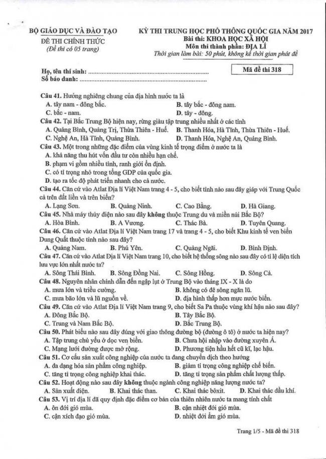 Đáp án đề thi môn Địa THPT Quốc gia năm 2017 mã đề 318 trang 1