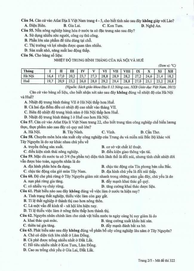 Đáp án đề thi môn Địa THPT Quốc gia năm 2017 mã đề 322 trang 2
