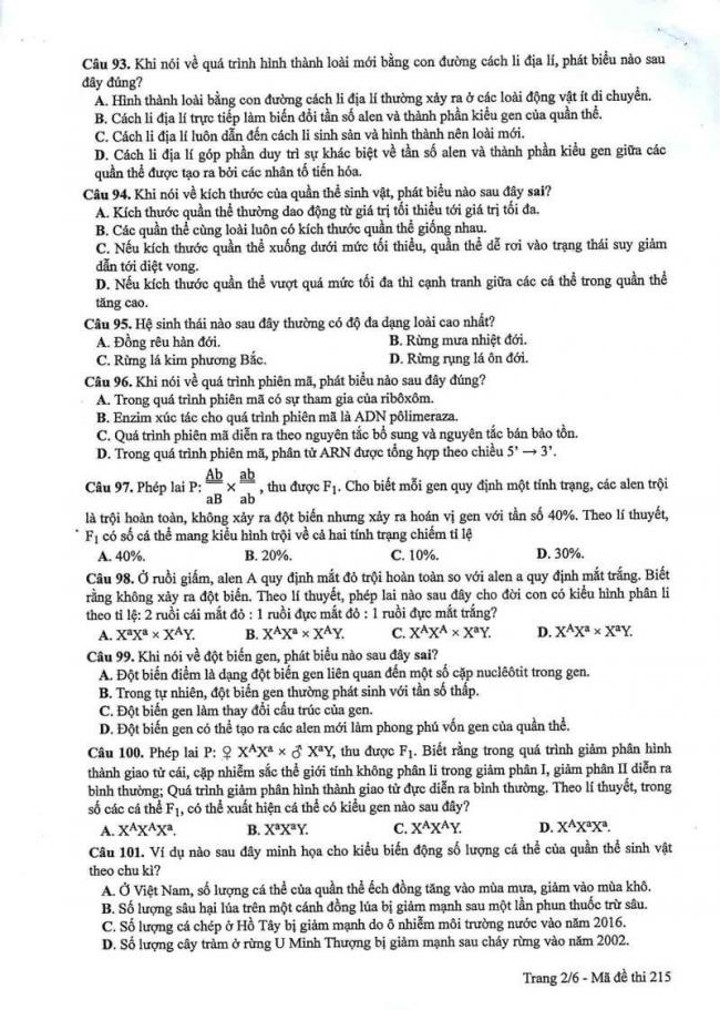 Đáp án đề thi môn Sinh 215 THPT Quốc Gia năm 2017 trang 2