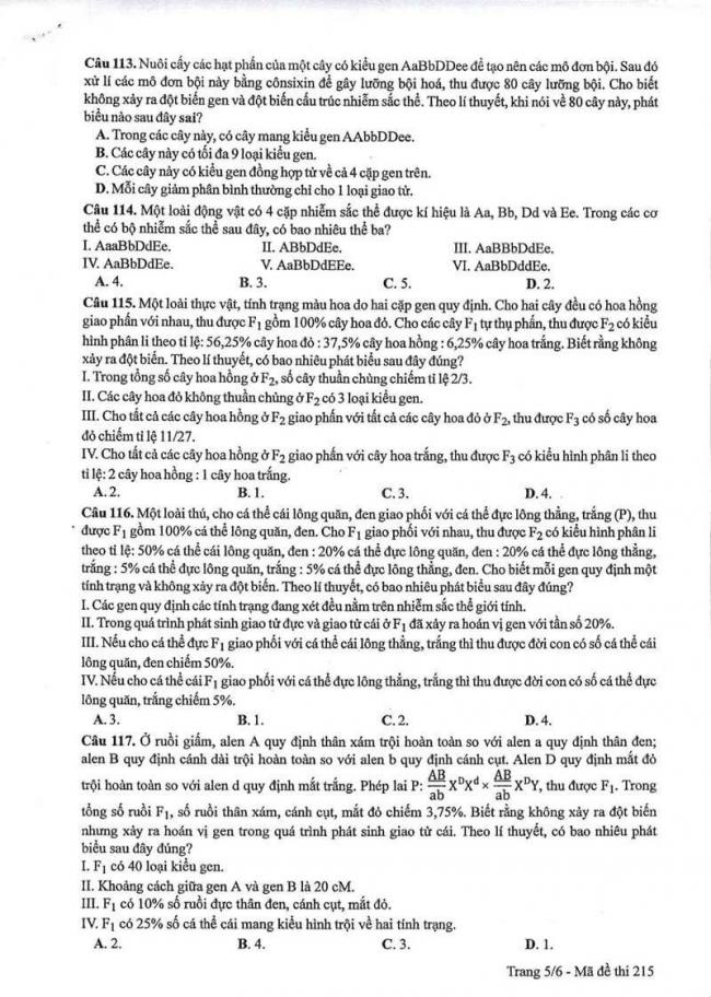 Đáp án đề thi môn Sinh 215 THPT Quốc Gia năm 2017 trang 5