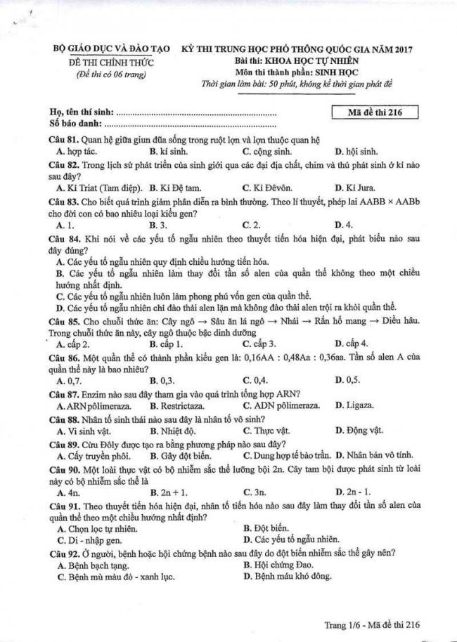 Đáp án đề thi môn Sinh 216 THPT Quốc Gia năm 2017 trang 1