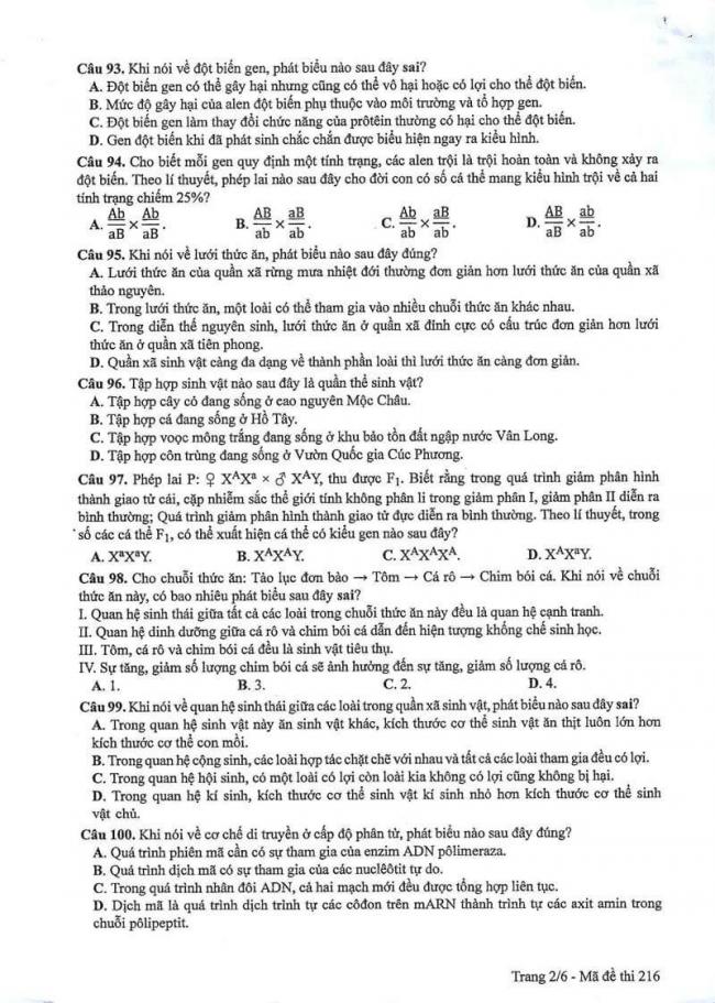 Đáp án đề thi môn Sinh 216 THPT Quốc Gia năm 2017 trang 2