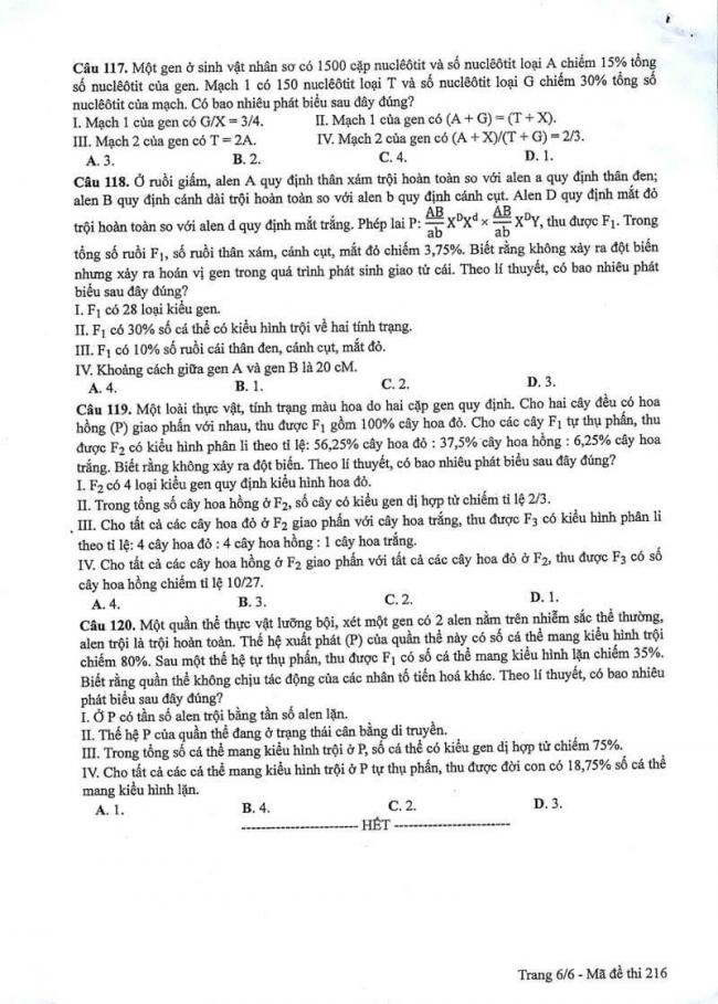 Đáp án đề thi môn Sinh 216 THPT Quốc Gia năm 2017 trang 6